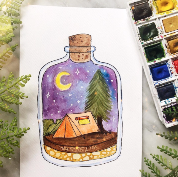 Original art camping in a bottle